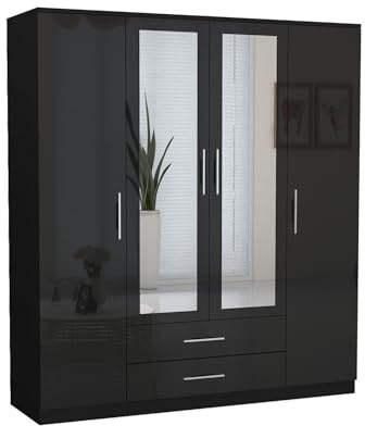 URBAN FURNISHING 4 Door Wardrobe with Mirror and Drawers | High Gloss MDF Mirrored Wardrobe for Bedroom | Double Wardrobe with 2 Drawer & 10 Shelves | Black 160cm