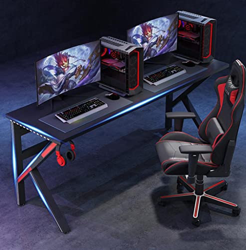IKVODEOS Gaming-Schreibtisch mit Kohlefaser, großer Computertisch, K-förmiger Gamer-Schreibtisch mit Kohlefaser, Headset-Haken mit stabilem Computertisch aus Metall und Holz, L 140 cm
