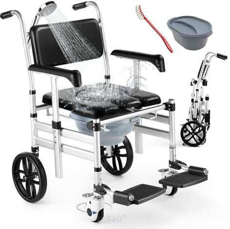 SAIYERUS Toilettenrollstuhl Höhenverstellbar, Toilettenstuhl für Senioren mit Rollen, Duschrollstuhl, Nachtstuhl für Senioren, Duschstuhl mit Rollen für Behinderte, toilettenstuhl fahrbar with Arms