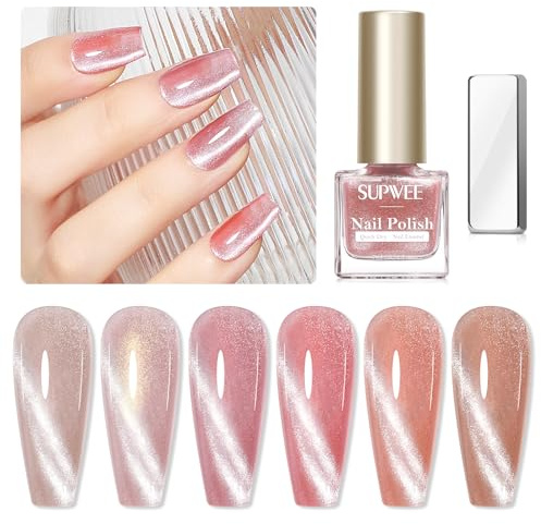 SUPWEE Cat Eye Nagellack Set, 6 Farben Schnelltrocknend Glitzer Katzenauge Nagellack Quick Dry High Gloss Oil Based Nail Polish Ohne UV Lampe für DIY-Nagelkunst zu Hause