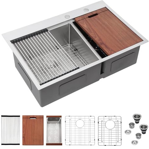 Mocoloo 33 Inch Drop In Kitchen Sink - 33 x 22 Drop In Double Bowl Kitchen Sink 16 Gauge 60/40 Topmount Stainless Steel Sinks Handmade, 33''x22''x10'' Above Counter with Offset Drainer