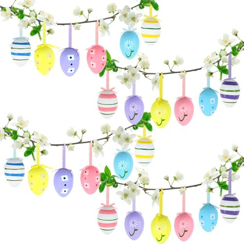 panemy Lot de 24 œufs de Pâques peints à la main à suspendre, en plastique, colorés, en plastique, à suspendre, décoration de Pâques pastel avec de superbes motifs, taille : 6 cm