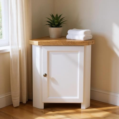 GROF Möbel-Eckschrank, komplett weiß lackiert, dreieckige Eichenplatte, passt gut in Wohnzimmer, Bad und Flur, komplett montiert mit Regal