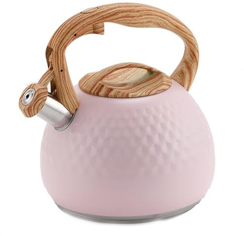 Bollitore da tè rosa da piano cottura, teiera in acciaio inossidabile per uso alimentare con fischietto, bollitore per acqua calda a ebollizione rapida con manico in legno - 3,2 litri