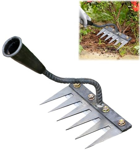 Iron Rake for Gardening and Weeding, Iron Rake Heavy Duty, Scarifying 𝗥𝗮𝗸𝗲, Carbon Steel Garden Weeding Tool for Backyard Lawn Loosening (6 Teeth)