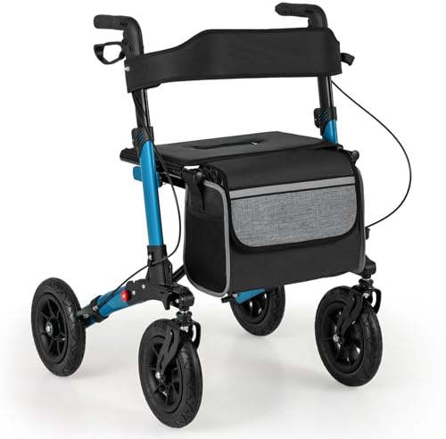 GOPLUS Rollator faltbar und leicht mit Sitz, leichtgewicht Reiserollator Aluminium 7-fach höhenverstellbar, Gehhilfe mit Stockhalter und große Einkaufstasche, Rollstuhl für Senioren (Blau)