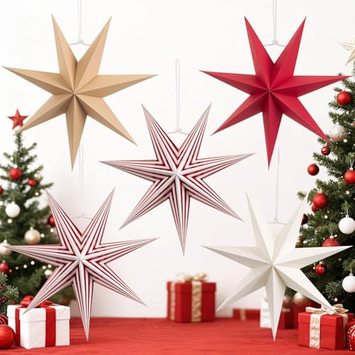 Weihnachts Papiersterne Ornamente Set - 5 Stück 3D Faltbare Hängende Sterne in Rot, Weiß, Braun und Streifenmuster für Weihnachtsbaum, Festliche Party, Wohnzimmer Dekoration