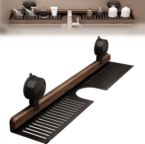 Genérico IAOPNOWB Estantes de baño con ventosa de nogal, estantes de pared para lavabo, organizador extraíble para baño y estante para sobregrifo, organizador de grifos, sin necesidad de taladrar.