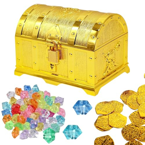 SZSMW 121 plast pärla piratmynt set - gyllene mynt för barn - piratguldmynt - födelsedagspresenter till barn, piratdekorationer (skattlåda, 20 guldmynt, 100 ädelstenar)