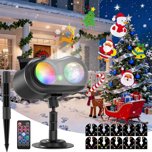 JADIDIS Projektor Weihnachten Außen,Doppelter Kopf Dynamische Led Schneeflocken Weihnachtsprojektor Outdoor,mit 80 Meereswellen-Effekten,Fernbedienung Timer,für Garten,Wand,Hofparty Weihnachtsdeko