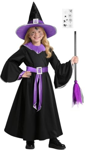 BSBUY Disfraz de Bruja Mujer Morado, Vestido de Mujer Mangas Largas y Sombrero de Bruja y Escoba y Etiqueta Engomada, Disfraz Mágica para Mujers, para Halloween Terror Cosplay Carnaval