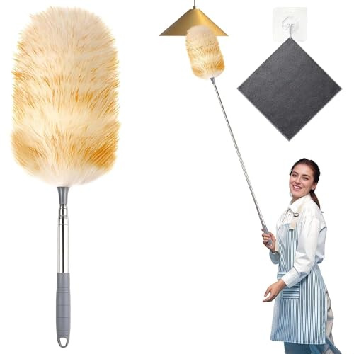 SENLINLIN Staubwedel Teleskop, Ausziehbar 130 cm – Hochwertiger Lammwolle Staubwedel, Waschbar & Kratzfrei, Weich für Decken, Möbel, Auto & Empfindliche Oberflächen