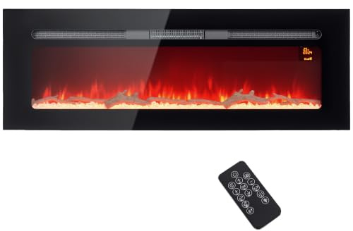 HOMCOM Elektrokamin mit Heizung 1800 W LED 3D-Flammeneffekt 127cm Schwarz | Kristalle, 3 Farben, 5 Helligkeitsstufen, Elektrischer Kamin mit Fernbedienung, Timer, Touchscreen, Wandmontage