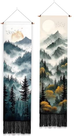 PLIGREAT 2 Packung Wandteppich Mit Bergwaldmotiv Wandteppich Mit Aquarell Landschaft Und Quasten Vertikaler Mond Wandbehang Für Schlafzimmer Wohnzimmer Heimdekoration Kunst Wandteppiche 130 x 33cm