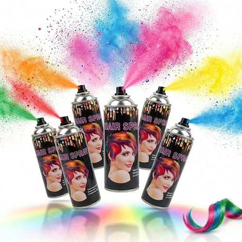 SGM Temporary Hair Colour Spray Set (6 Pack) – Wash-Out Coloured Hair Spray for Kids & Adults, Quick-Dry Party Hair Dye for Festival, Halloween & Fancy Dress XF-FJ2504