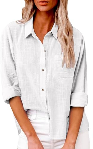 AMDOLE White Linen Shirt Women Long Sleeve Cotton Linen Tops Casual Button Down Loose Oversized Summer Tops Dressy Blouses Plain Ladies Top Work Loose Fit Plus Size T-Shirts 2026