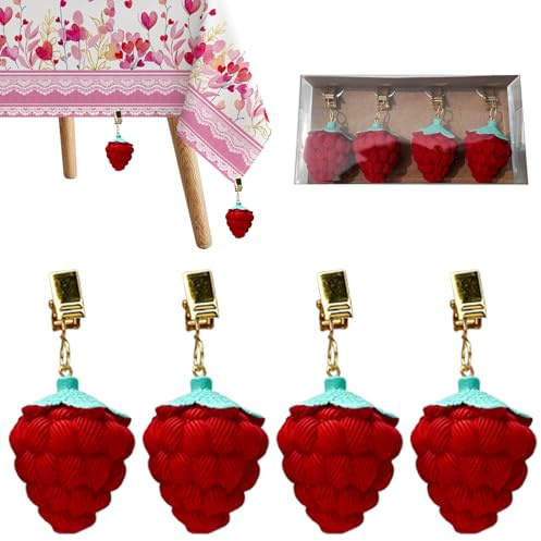 Whemyreat 4 Stück Tischdeckenbeschwerer Erdbeere, Rot Harz Tischtuchgewichte mit Klammer, Transparenter Geschenkbox für Garten, Terrasse, Party, Familie und Camping