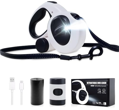 Quppa 5M einziehbare Hundeleine 4-in-1-Hundeleine mit LED-Licht,Spender,Kotbeuteln,Schnellverschlussbremse und rutschfestem Griff,360° verwicklungsfrei für Hunde bis zu 66-100 lbs,schwarz L