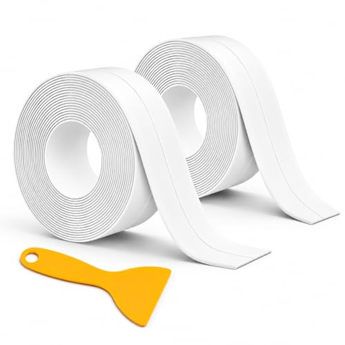 Bath Sealant Strip Self Adhesive 38mm x 3.35m Roll – Waterproof Bathroom Sealant Tape with Sealing Tool – Caulk Strip for Toilet, Bathtub, Shower, Sink, Wall Corner, Kitchen (2 Pack 38mm x 3.35m)