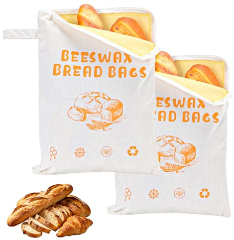 2 Pack Zipper Linen Beeswax Bread Bags13×17in, Mould Resistant Freezer Safe | Extra Large Reusable Sourdough Storage Bag, Eco Friendly Homemade Bread Keeper, Perfect Baking Present