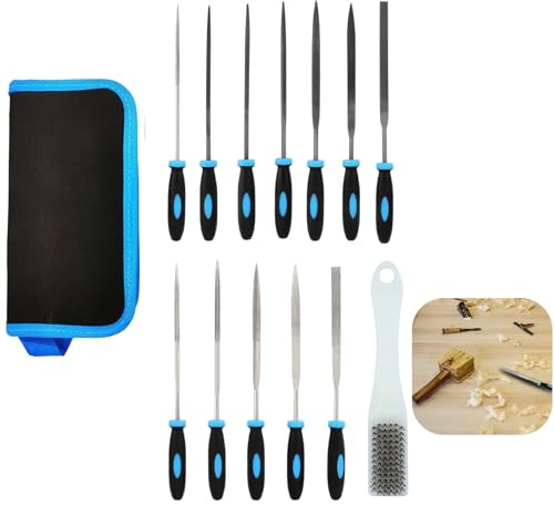Metal File, 13 Pcs Small File Set, Needle Files, Includes 6 Steel Files, 6 Diamond, a Cleaning Brush, and a Zippered Pouch,Suitable for Woodworking, Metalworking, and DIY Projects(Blue)
