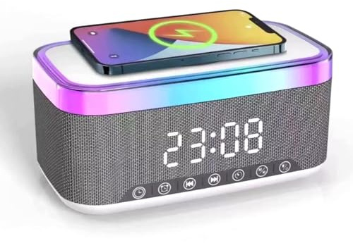 Radio Réveil Bluetooth avec Chargement sans Fil 15W, Réveil Radio Numérique, Réveil Audio Bluetooth Numérique, Réveil Connecté Avec Veilleuse De 6 Couleurs, Double Alarme Pour Chevet Et Bureau(Blanc)