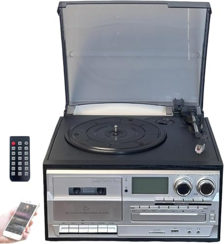 Système De Divertissement Rétro 10 en 1, Lecteur Cassettes Bluetooth avec Télécommande, Écran Couleur LED, Haut-parleurs Intégrés, Radio AM/FM, Platine Vinyle À 3 Vitesses, CD Numériseur(Black)