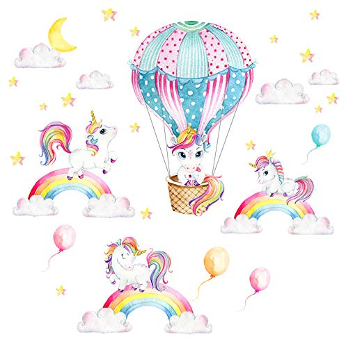 Little Deco Wandtattoo Einhörner Regenbogen & Heißluftballon I Wandbild 99 x 58 cm (BxH) I Sticker Mond und Sterne Kinderzimmer Aufkleber Mädchenzimmer Baby DL539-04