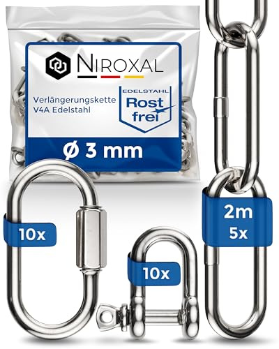 Edelstahl V4A (A4) Ketten Verlängerung 3 mm – 2 m – 5 Ketten – inkl. 10 Schraubverbinder & 10 Schäkel – bis 350 kg