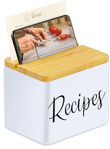 NEAT SECRETS Rezeptbox mit Karten und Trennwänden, weißer Metallkörper, Holzdeckel mit Telefonhalter und Rezeptkartenhalter, inklusive Set mit 150 Karteikarten à 10 x 15 cm und 15 niedlichen