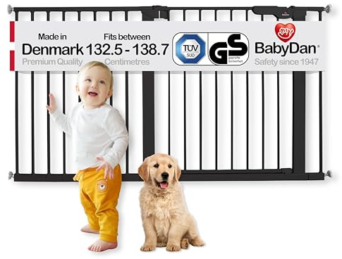 BabyDan Premier, Extra breit Ohne bohren Treppenschutzgitter, 132,5-138,7 cm, Babygitter/Sicherheitsgitter, Metall, Schwarz, Hergestellt in Dänemark - (Haustiergitter/Hundegitter)