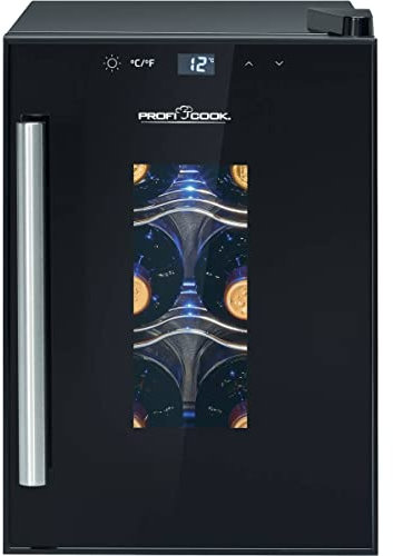 ProfiCook® Weinkühlschrank für 6 Flaschen, Getränkekühlschrank mit UV-beständiger Glastür, Weinkühler mit LED-Beleuchtung u. 3 Lagerebenen davon 2 herausnehmbar, Bereich: 11-18°C, 17L - PC-WK 1230