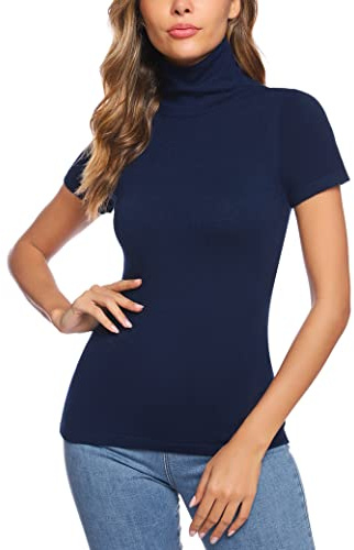 Totatuit Camiseta de Cuello Alto para Mujer Manga Corta Top de Cuello Alto | Estilo Diario, Uso Casual, Combinación Versátil