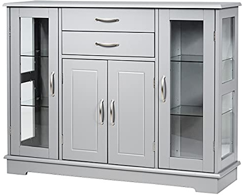 TANGZON Storage Cabinet, Sideboard with 2 Glass Doors, 2 Drawers & Adjustable Shelves, Wooden Buffet Cupboard for Kitchen, Dining Room and Living Room (Gray)