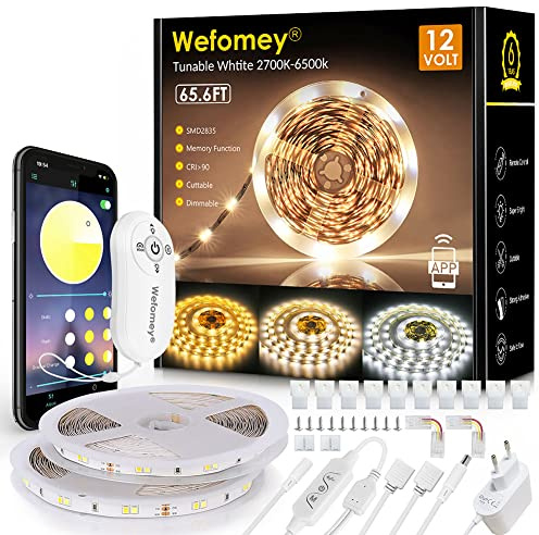 Tira de luces LED de 20 m, 2700 K-6500 K, 12 V, blanco frío, blanco cálido, flexible, autoadhesiva, con mando a distancia y aplicación, regulable, para cocina, fiesta, dormitorio