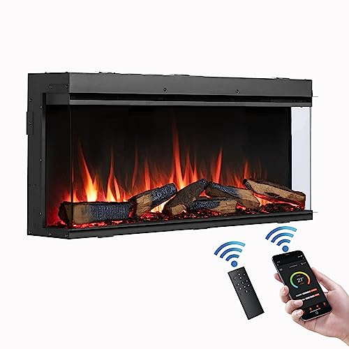 FLAMME Knighton 110cm/43 3-Sided Electric Media Wall Fire, Recessed TV Media Wall, Multiple Flame Colours, Sound Effects and APP Control