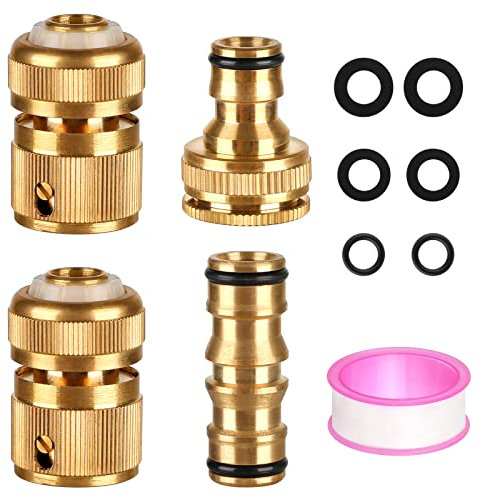 CoKeeSun 4 Piezas Conector de Manguera de Latón, Conector Rápido Manguera de 1/2 y 3/4, Adaptador de Grifo con Arandelas, Anillos O y Cinta Impermeable, Conector de Boquilla de Pistola de Agua
