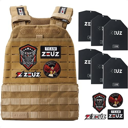 ZEUZ Verstellbare Gewichtsweste 16,5 KG für Fitness, Calesthenics & CrossFit - Weights Plattenträger, Taktische Weste, Plate Carrier & Tactical Gewicht Vest - Enthält 4 Patches - 19 Gewichte