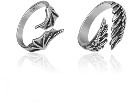 PARFCO 1 Paar Ring Schmuck, Verstellbarer Feder Ring Umarmung, Silber Vintage Gothic Punk Ringe Set zum Tragen von Accessoires, Geburtstagsgeschenke, Valentinstagsgeschenke