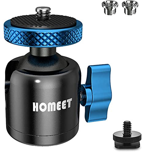 Homeet Mini Kugelkopf Stativkopf 25mm Ballhead Durchmesser, 10KG Maximale Belastung Metall Kugelkopf 1/4” & 3/8” Gewindeloch, mit Mutter und Adapter für alle Kamera/Stativ/Monitor/Licht, BLAU