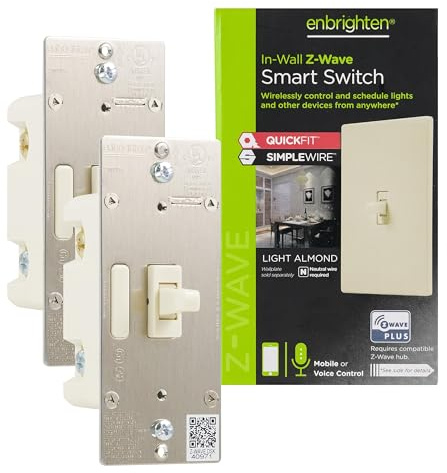 Enbrighten Almond Z-Wave Plus Smart Light Switch with QuickFit and SimpleWire, 3-Way Ready, Compatible with Alexa, Google Assistant, ZWave Hub Required, Repeater/Range Extender, Toggle, 2 Pack, 81174