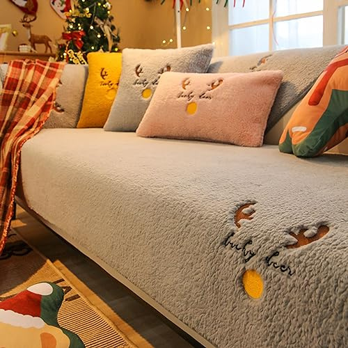 KNVSS Funny Fuzzy Couch Cover, Thick Plush Sofa Cushion, Cosy Plush Solid Colour Non-Slip Couch Cover, Grey Fluffy Sofa Slipcovers, Sofa Covers for 3 Cushion Couch Christmas Decor, 90x210cm(35x83in)