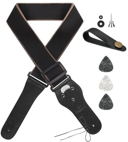 Philorn Gitarrengurt Verstellbarer Echtleder Enden Jacquard Weave Bassgurt für Akustik/Elektrik/Gitarren, Geschenk für Erwachsene & Kinder (Schwarz)