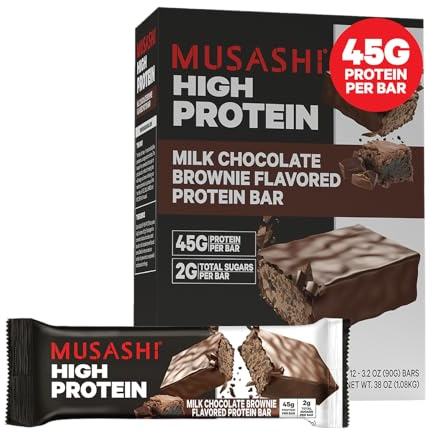 MUSASHI Barretta ad alto contenuto proteico, 45 g di proteine, 2 g di zuccheri totali, brownie al cioccolato al latte, snack post allenamento e proteine in movimento, 12 confezioni da 90 g