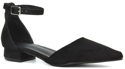 Women's Low Heel Point Toe Ankle Strap Court Shoes Ladies Black Faux Suede Wedding Dress Flat Pumps Size 7