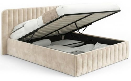 IDMarket - Lit Coffre Double Alba 140 x 190 cm Velours Beige | Avec tête de lit et sommier