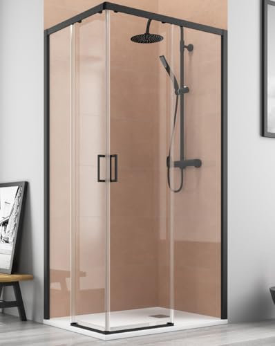 Mampara Ducha Rectangular Angular Corredera 2 Puertas 2 Fijos | Cristal 5mm Antical | Perfil Negro 100cm (Adaptable 96,5-98,5cm) X 70cm