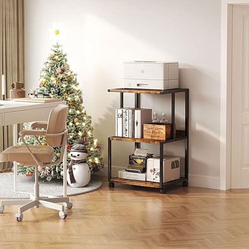 Support d'imprimante avec étagère, table d'imprimante à 3 niveaux avec roues, chariot d'imprimante pour l'organisation du bureau à domicile, support de chariot roulant pour presse à chaud, marron