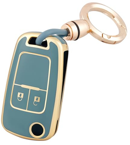 OFF WE GO Autoschlüssel Hülle Schlüssel Hülle Schlüsselhülle Cover für Opel Astra j Zafira Chevrolet Aveo Matiz Cruze Captiva Spark Orlando Trax Schlüsselcover mit Schlüsselanhänger, Blau Gold