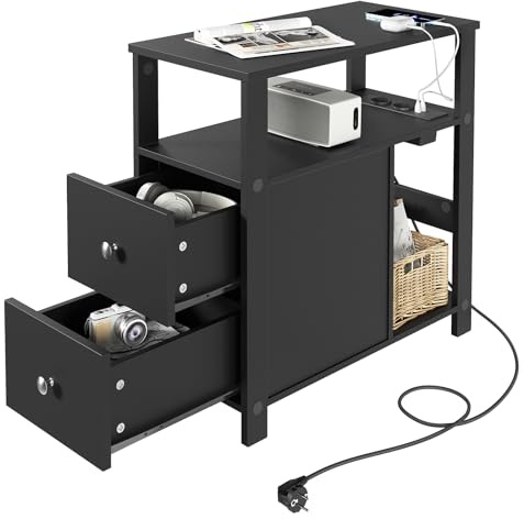 WOLTU Beistelltisch mit Steckdose, Nachttisch mit Ladefunktion | Sofatisch schmal,mit 2 Schubladen 2 Ablagen 1 Fach,2 Steckdosen,2 USB-Anschlusse,bis 20 kg,Schwarz